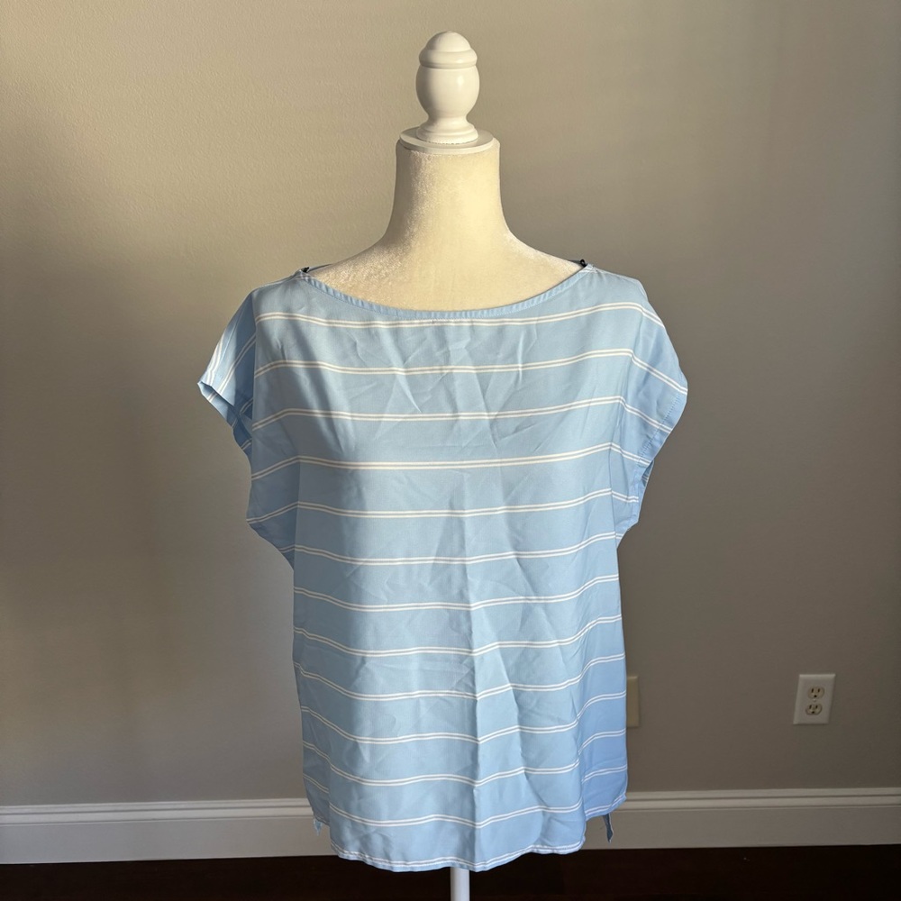 Lumiere Blue White Stripe Sheer Short Sleeve Blouse Size Small
